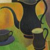 Mid Century painting still life with black coffeepot and fruit