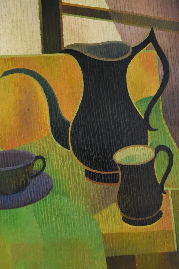 Mid Century painting still life with black coffeepot and fruit