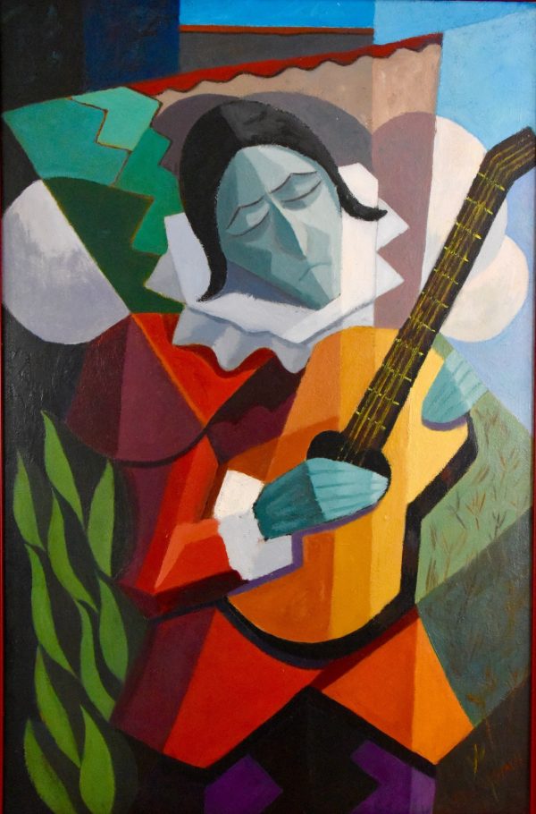 Art Deco cubist painting harlequin with guitar