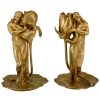 Art Nouveau bronze candlesticks lady with flower Iris & Lotus