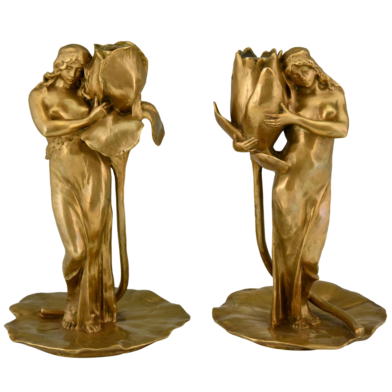 Art Nouveau bronze candlesticks lady with flower Iris & Lotus Art Nouveau bronze candlesticks lady with flower Iris & Lotus