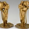 Art Nouveau bronze candlesticks lady with flower Iris & Lotus