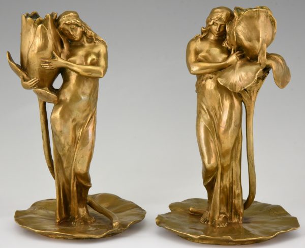 Art Nouveau bronze candlesticks lady with flower Iris & Lotus