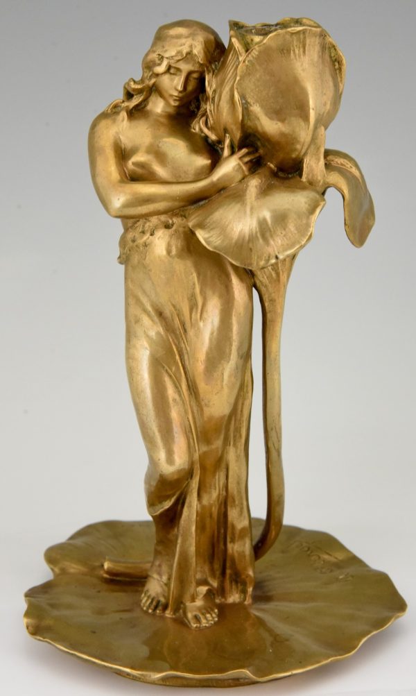 Art Nouveau bronze candlesticks lady with flower Iris & Lotus