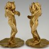 Art Nouveau bronze candlesticks lady with flower Iris & Lotus