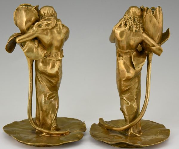 Art Nouveau bronze candlesticks lady with flower Iris & Lotus