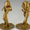 Art Nouveau bronze candlesticks lady with flower Iris & Lotus