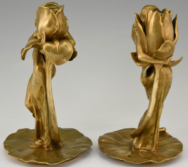 Art Nouveau bronze candlesticks lady with flower Iris & Lotus