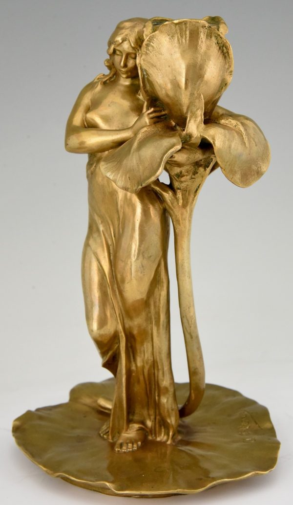 Art Nouveau bronze candlesticks lady with flower Iris & Lotus