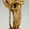 Art Nouveau bronze candlesticks lady with flower Iris & Lotus