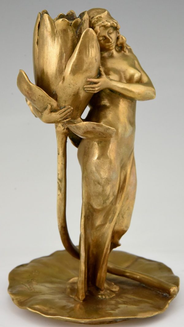 Jugendstil Bronze Leuchter Frauen mit Blumen Iris & Lotus