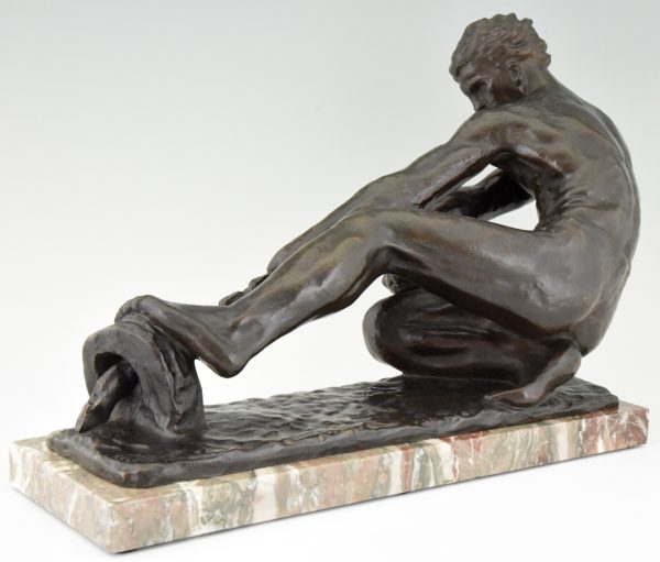 Art Deco bronze sculpture male nude pulling a rope