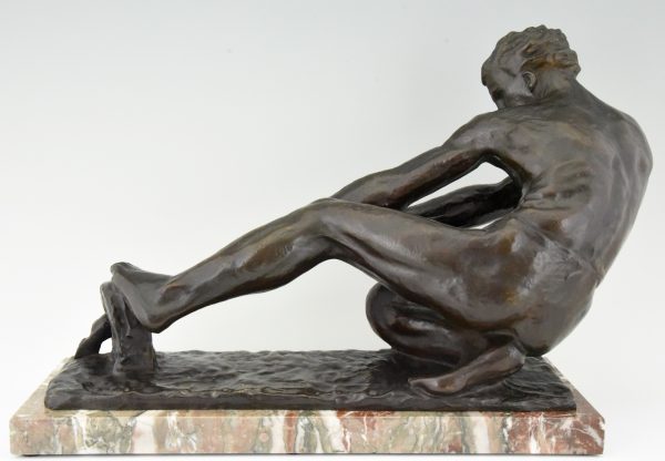 Art Deco bronze sculpture male nude pulling a rope