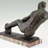 Art Deco sculpture bronze homme nu tirant une corde
