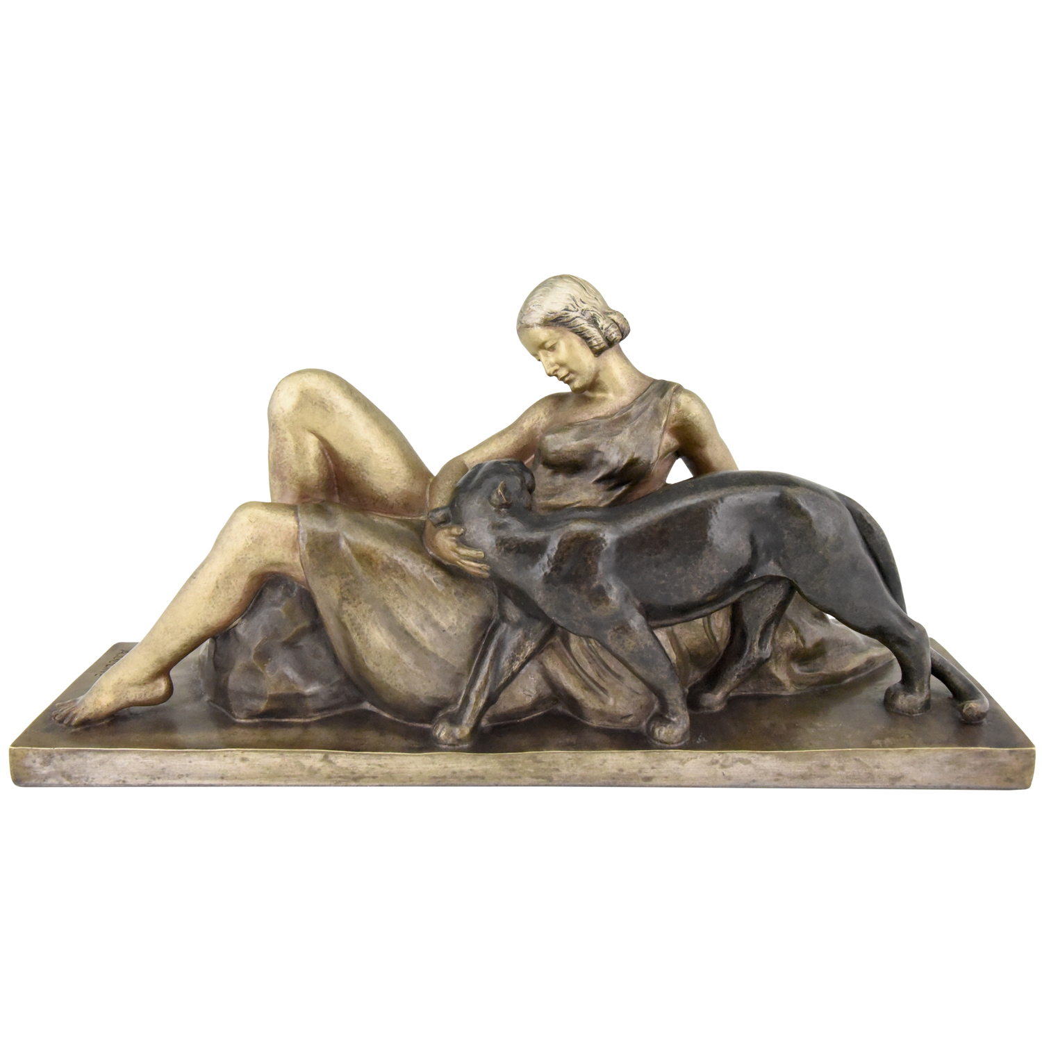 Art Deco sculpture en bronze femme au panthère Art Deco sculpture en bronze femme au panthère