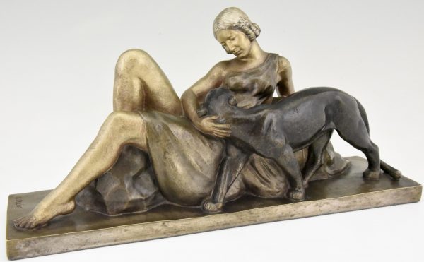 Art Deco sculpture en bronze femme au panthère
