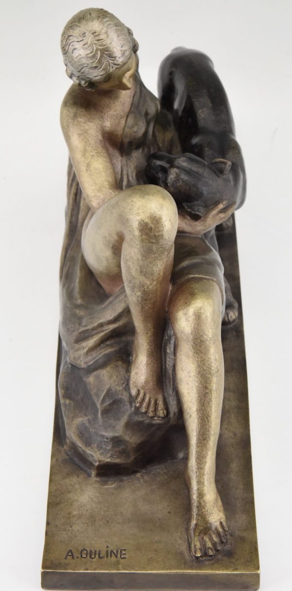 Art Deco sculpture en bronze femme au panthère