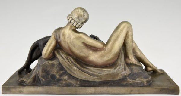 Art Deco sculpture en bronze femme au panthère