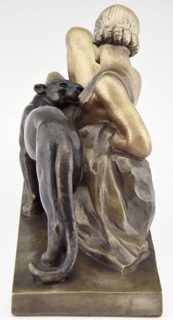 Art Deco sculpture en bronze femme au panthère