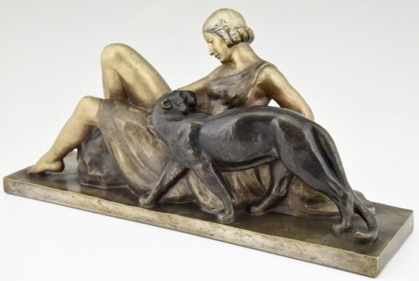 Art Deco bronzen sculptuur vrouw met panter