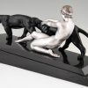 Sculpture Art Deco femme nue avec deux panthères