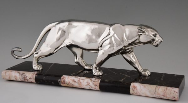 Art Deco silvered sculpture of a walking panther