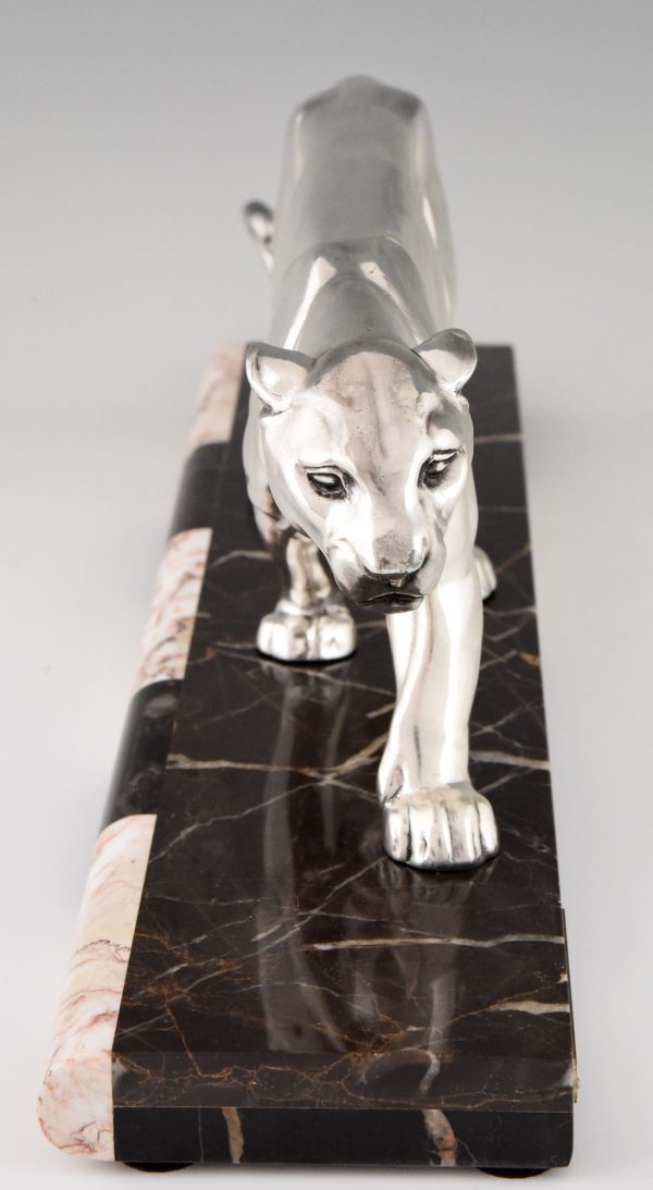 Art Deco silvered sculpture of a walking panther