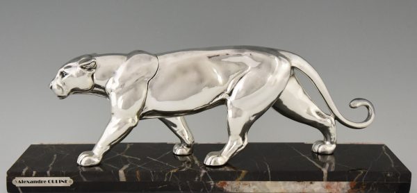 Art Deco silvered sculpture of a walking panther