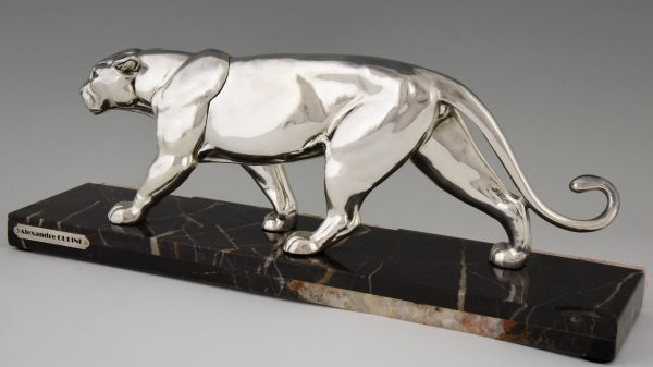 Art Deco silvered sculpture of a walking panther