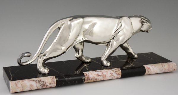 Art Deco silvered sculpture of a walking panther