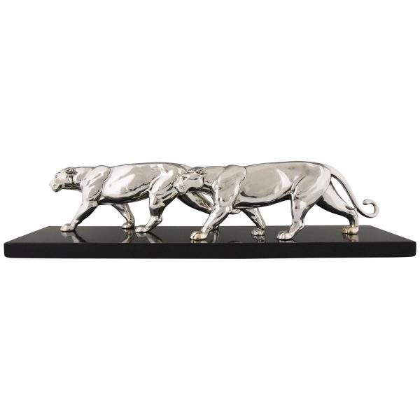 Art Deco silvered sculpture of two panthers