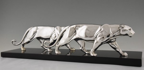 Art Deco silvered sculpture of two panthers