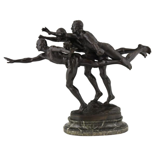 Antique bronze sculpture of 3 running athletes TO THE GOAL