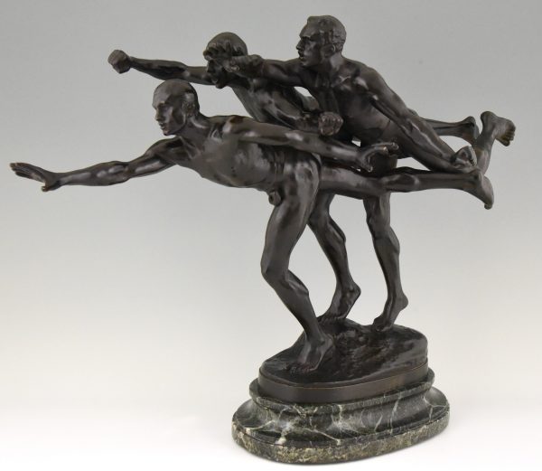 Antique bronze sculpture of 3 running athletes TO THE GOAL