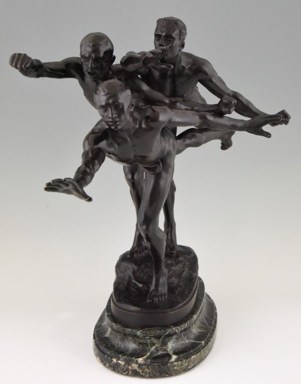 Antique bronze sculpture of 3 running athletes TO THE GOAL
