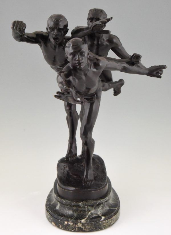 Antique bronze sculpture of 3 running athletes TO THE GOAL