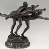 Antique bronze sculpture of 3 running athletes TO THE GOAL