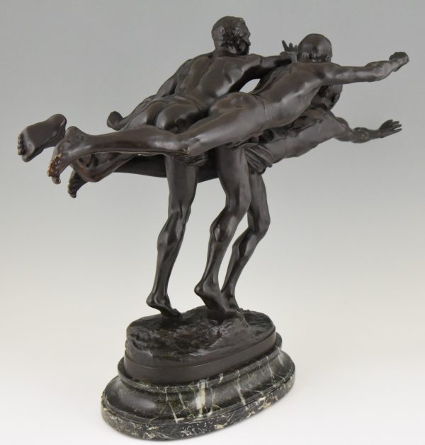 Antique bronze sculpture of 3 running athletes TO THE GOAL