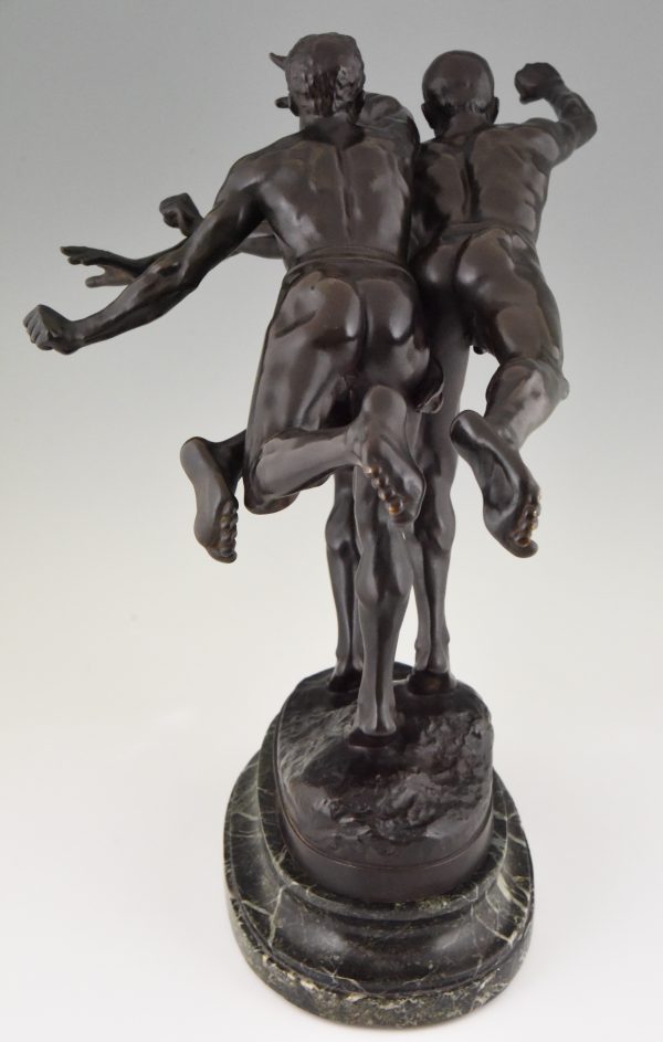 Antique bronze sculpture of 3 running athletes TO THE GOAL