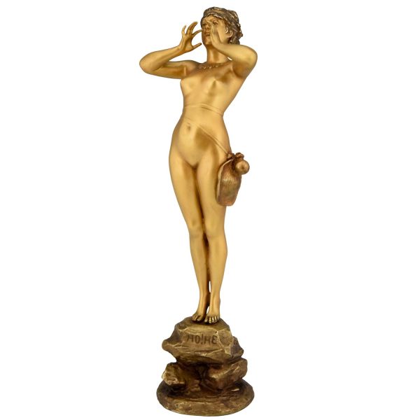 Art Nouveau bronzen sculptuur roepende naakte vrouw