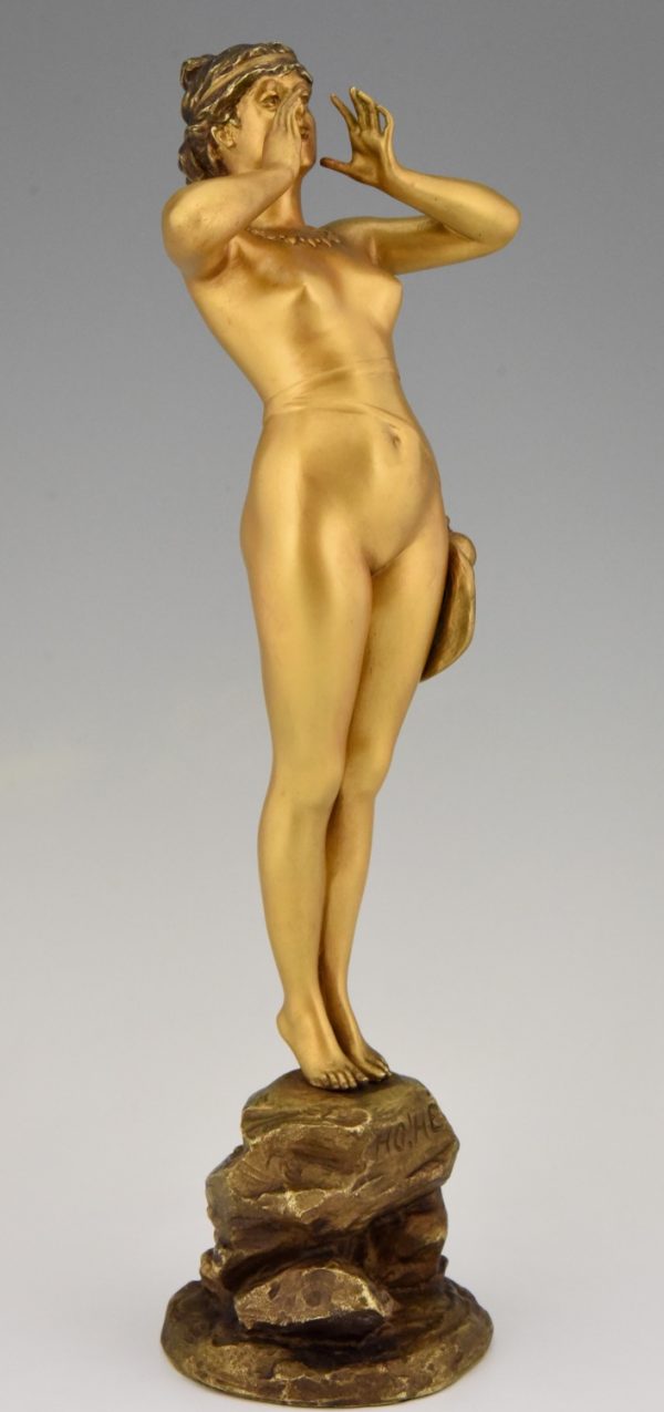 Art Nouveau bronze sculpture calling nude lady