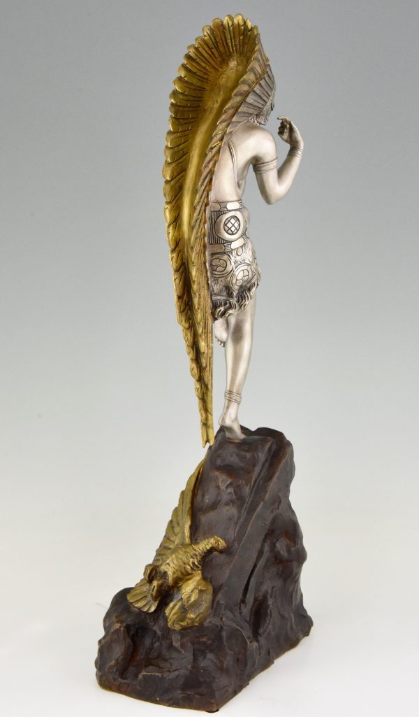 Art Deco bronzen sculptuur Indiaanse danseres met hoofdtooi