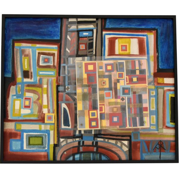 Mid Century abstract painting with plexiglass