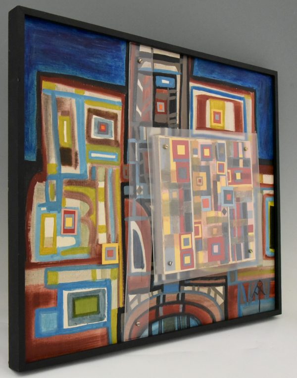 Mid Century abstract painting with plexiglass