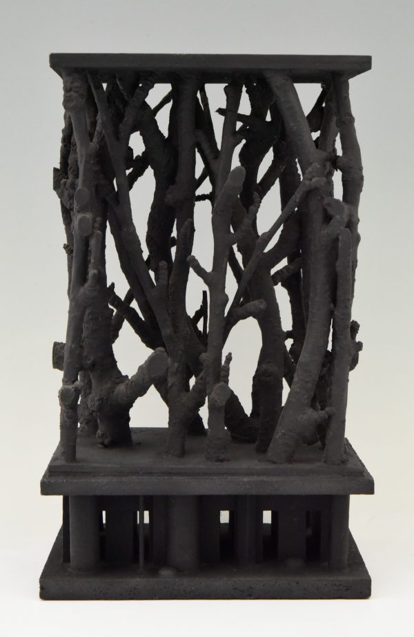 Mid Century black wooden sculpture with branches