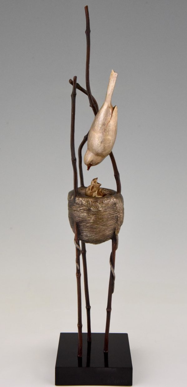 Art Deco bronze sculpture birds in a nest