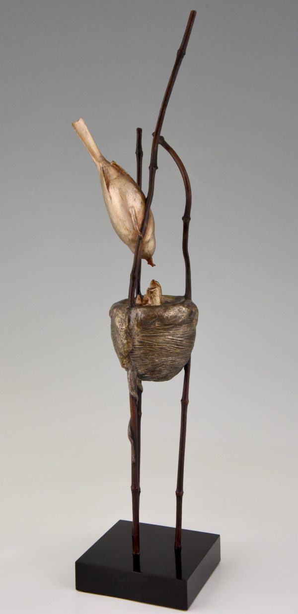 Art Deco bronze sculpture birds in a nest