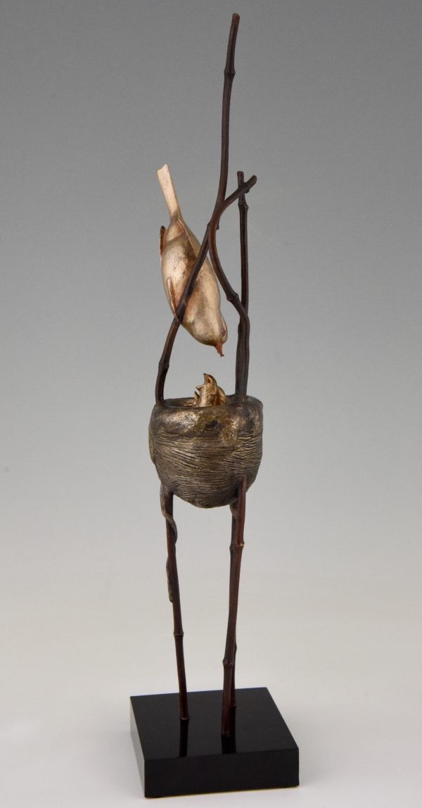 Art Deco bronze sculpture birds in a nest