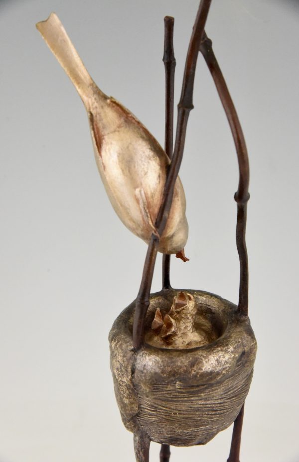 Art Deco bronze sculpture birds in a nest