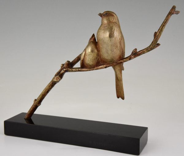 Art Deco bronze sculpture of two birds on a branch